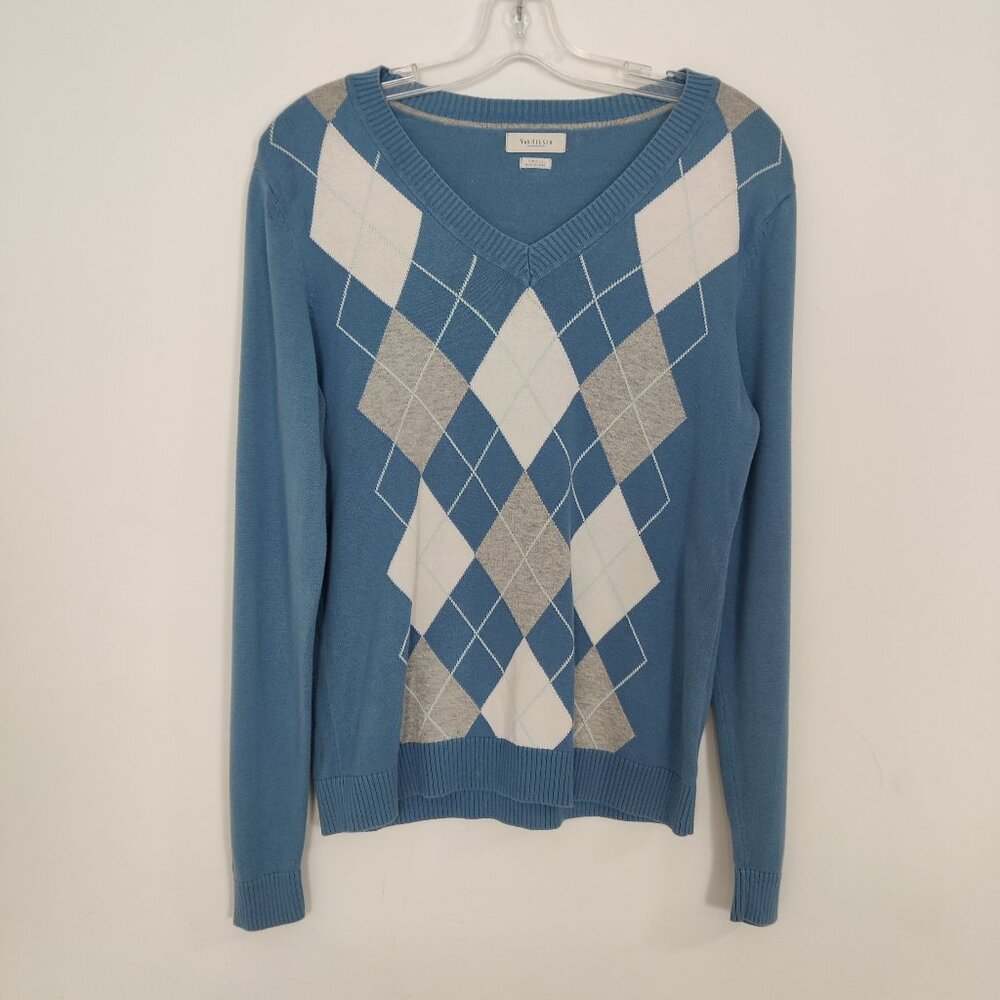 Van Heusen Men's Sweater Size S Cotton Argyle Blue Old Money Golf Tennis Preppy